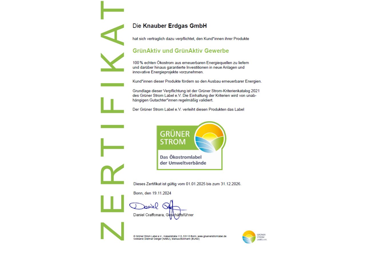 Zertifikat der Knauber Erdgas GmbH für Grünstromprodukte mit dem Label 'Grüner Strom' der Umweltverbände, gültig vom 01.01.2025 bis 31.12.2026, unterschrieben von Daniel Graffmann.