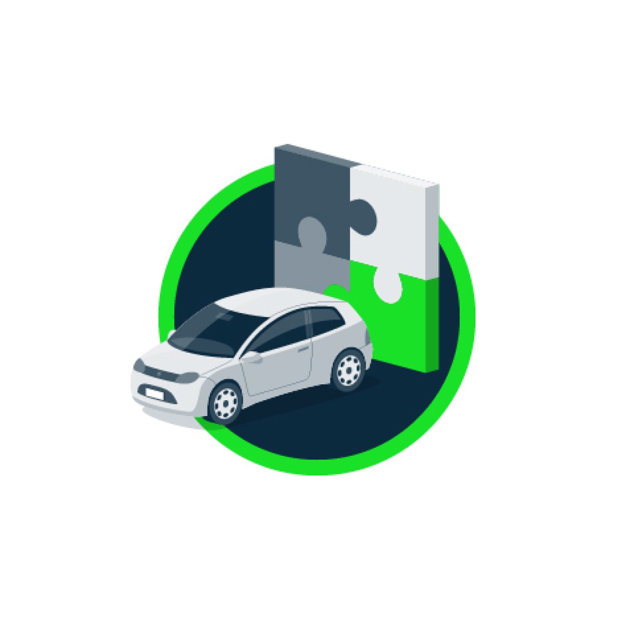 Icon, das ein Fahrzeug vor einem Puzzle zeigt.