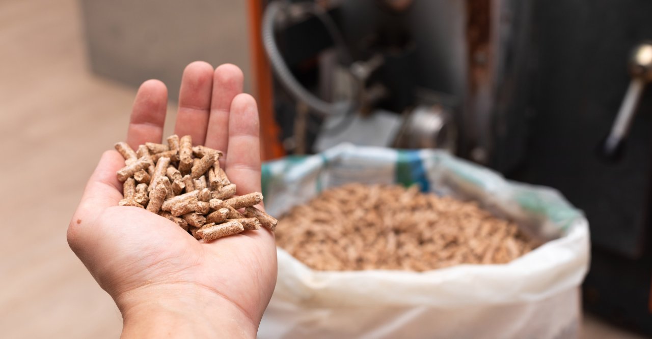 Eine Hand hält Holzpellets von Knauber.