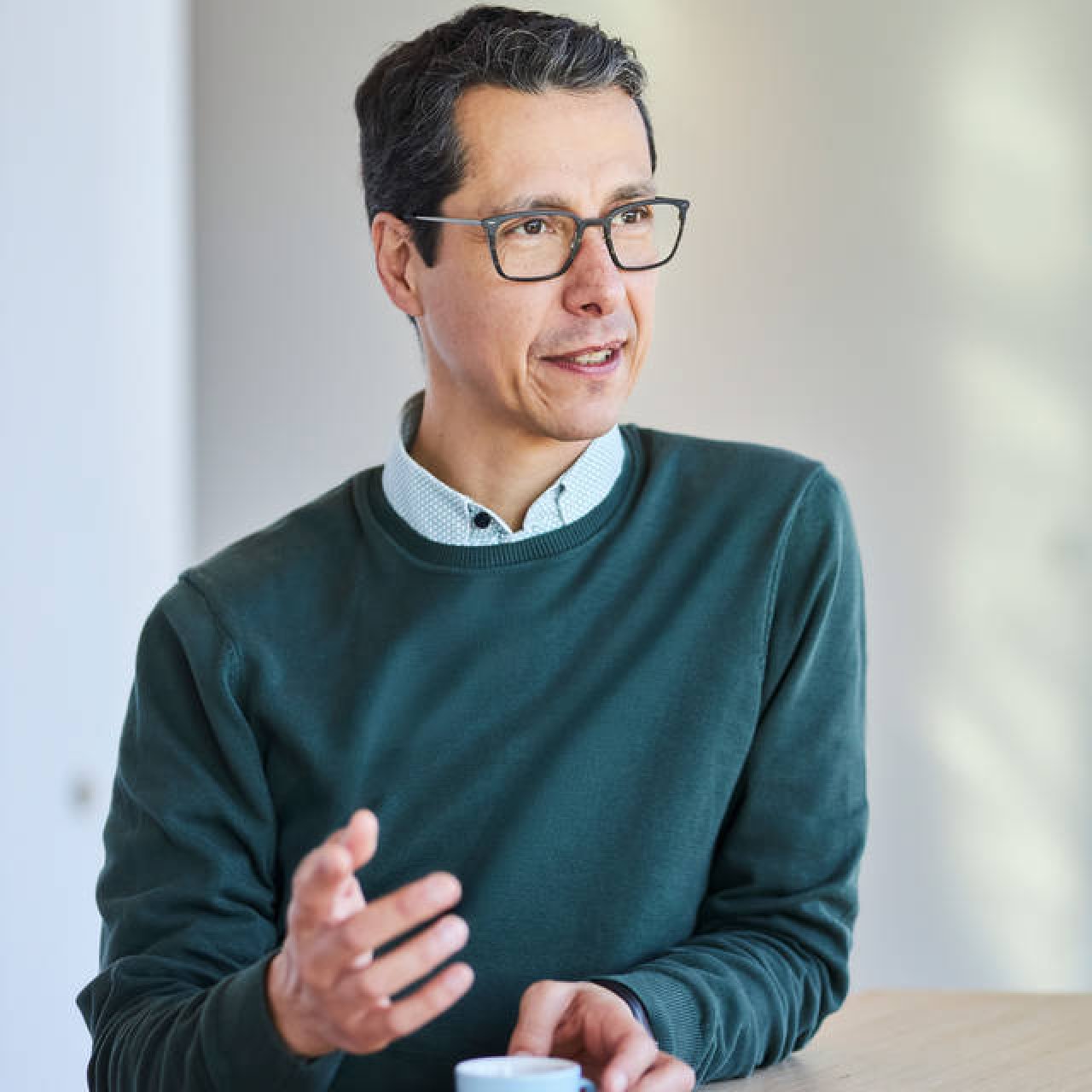 Mann mit dunklen Haaren und Brille, trägt grünen Pullover und weißes Hemd, gestikuliert beim Sprechen.