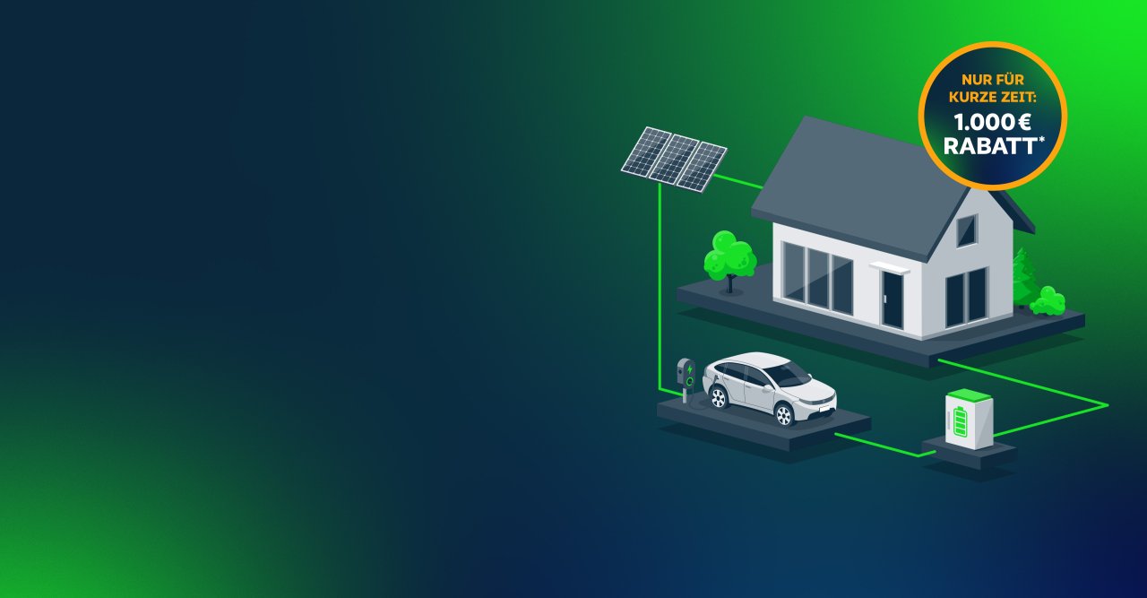 Grafik eines Hauses mit PV, Speicher und Wallbox.